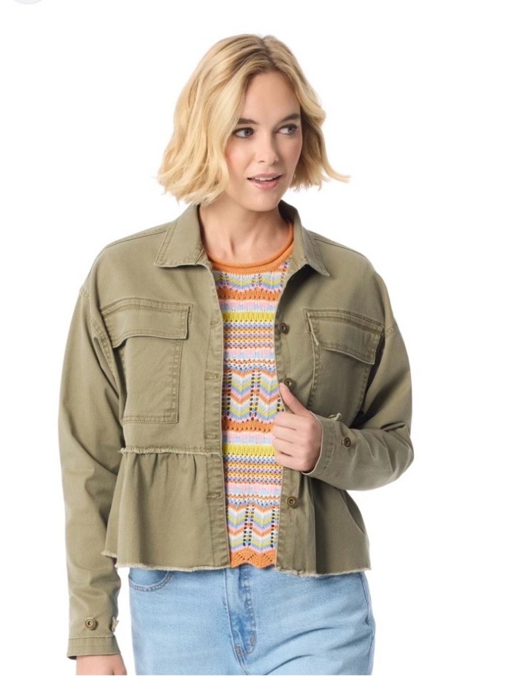 Jessica Simpson Y2K Green Cropped Button Up Roomy Canvas Utility Jacket Womens M